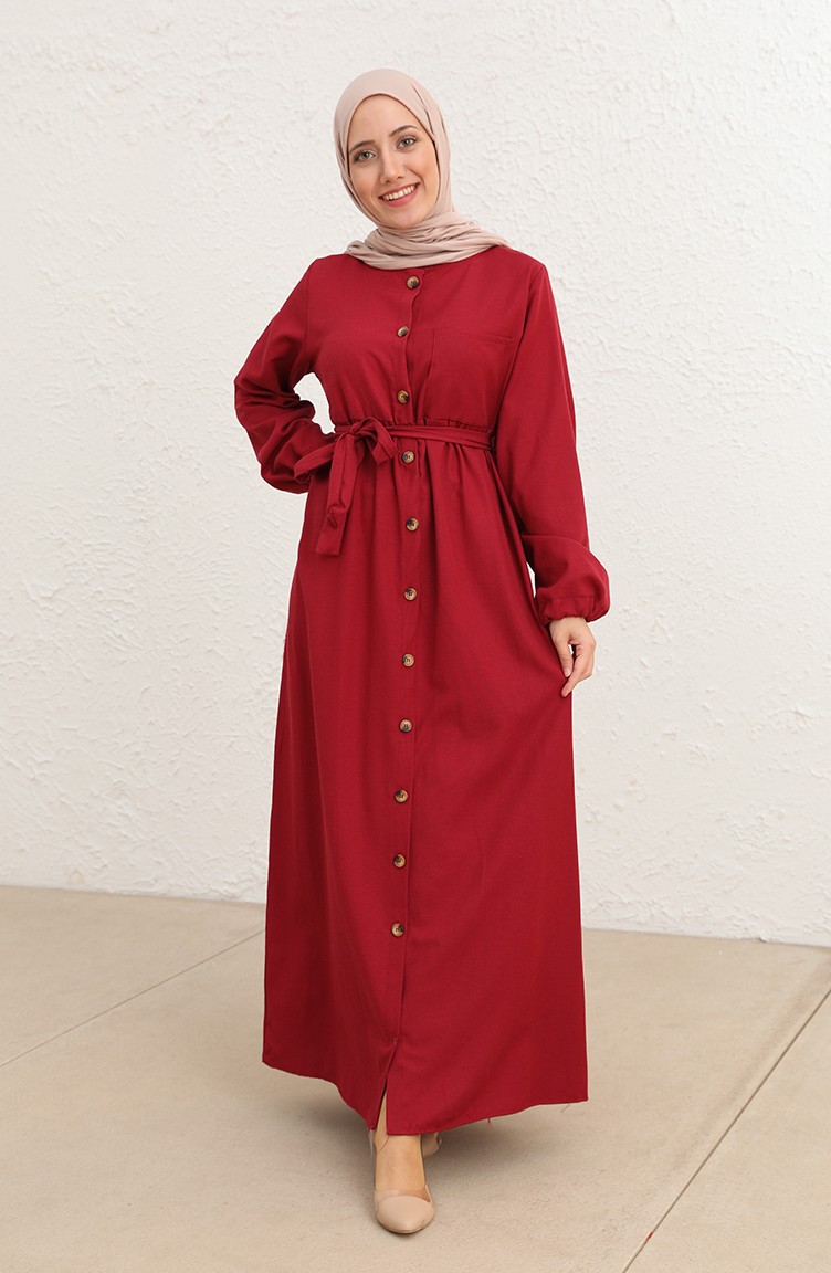 Sefamerve, Tofisa Düğmeli Kuşaklı Elbise 3558-01 Bordo