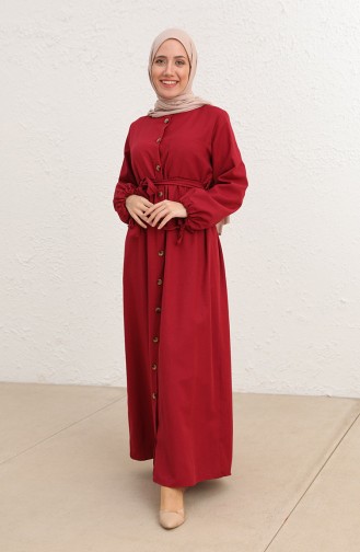 Tofisa Düğmeli Kuşaklı Elbise 3558-01 Bordo