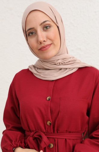 Tofisa Düğmeli Kuşaklı Elbise 3558-01 Bordo