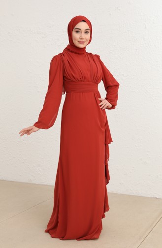 Brick Red Hijab Evening Dress 5718-01