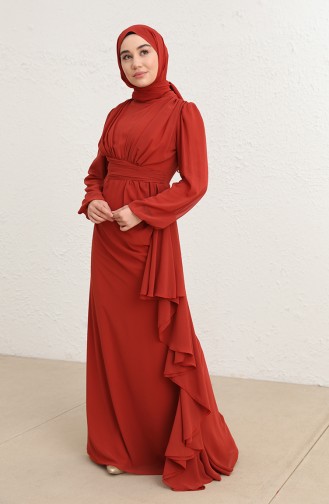 Brick Red Hijab Evening Dress 5718-01