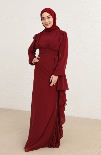 Pleat Detailed Evening Dress 5718-13 Dark Claret Red 5718-13