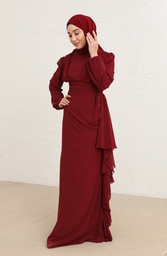 Pleat Detailed Evening Dress 5718-13 Dark Claret Red 5718-13