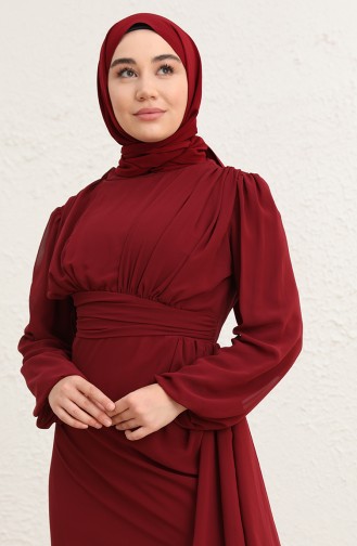 Pleat Detailed Evening Dress 5718-13 Dark Claret Red 5718-13