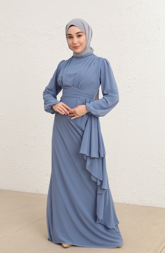 Pile Detaylı Abiye Elbise 5718-14 Mint Mavi