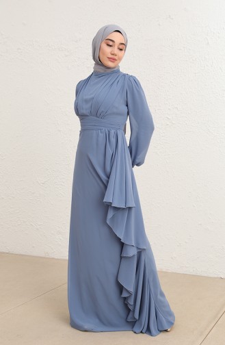 Pile Detaylı Abiye Elbise 5718-14 Mint Mavi