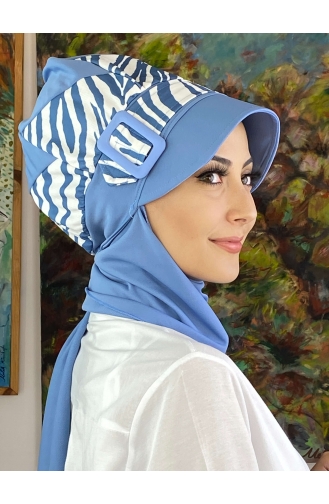 Zebra Desenli Tokalı Tesettür Şapka 19AGS22ŞP02-01 Mavi Beyaz