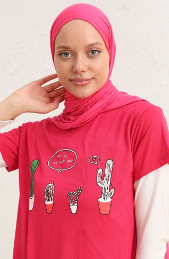 Baskılı Uzun Tshirt 8134-02 Fuşya