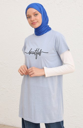 Baskılı Uzun Tshirt 8138-11 Buz Mavisi