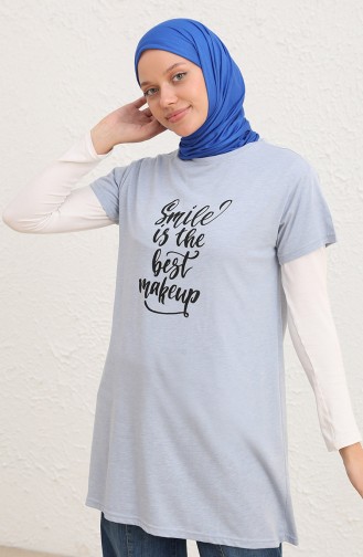 Baskılı Uzun Tshirt 8139-11 Buz Mavisi