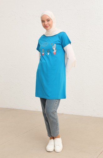 Baskılı Uzun Tshirt 8134-05 Mavi
