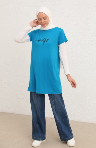 Baskılı Uzun Tshirt 8138-04 Mavi