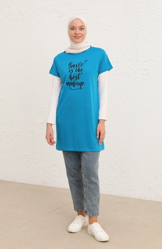 Baskılı Uzun Tshirt 8139-04 Mavi