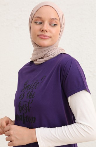 Baskılı Uzun Tshirt 8139-02 Mor