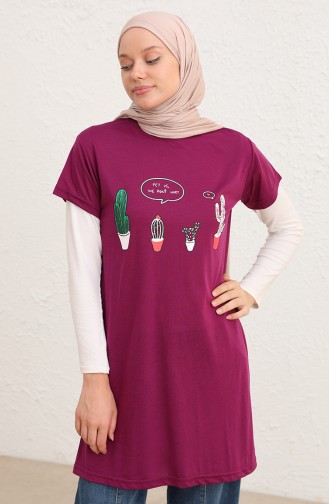 Baskılı Uzun Tshirt 8134-15 Mürdüm