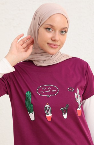 Baskılı Uzun Tshirt 8134-15 Mürdüm