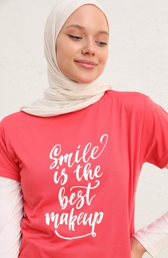 Baskılı Uzun Tshirt 8139-07 Nar Çiçeği