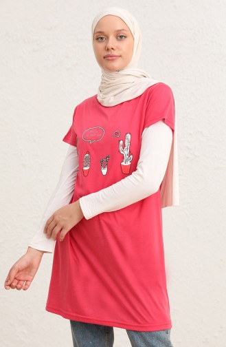 Baskılı Uzun Tshirt 8134-13 Pembe