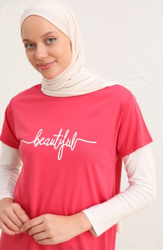 Baskılı Uzun Tshirt 8138-01 Pembe