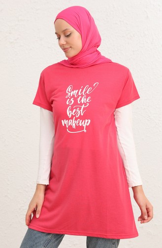 Baskılı Uzun Tshirt 8139-01 Pembe