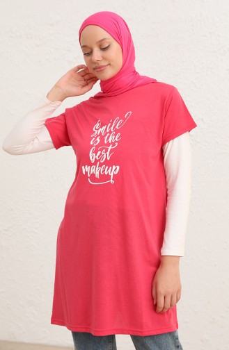 Baskılı Uzun Tshirt 8139-01 Pembe