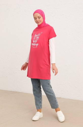 Baskılı Uzun Tshirt 8139-01 Pembe