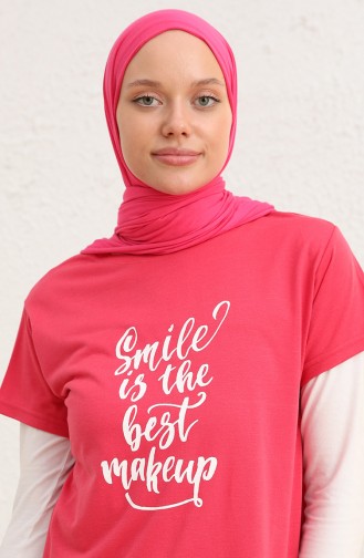 Baskılı Uzun Tshirt 8139-01 Pembe