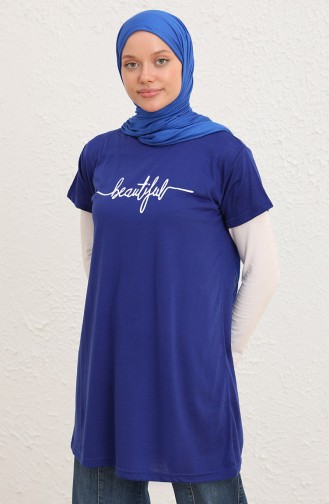 Baskılı Uzun Tshirt 8138-10 Saks