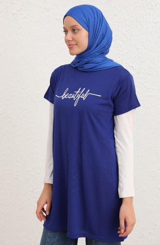 Baskılı Uzun Tshirt 8138-10 Saks