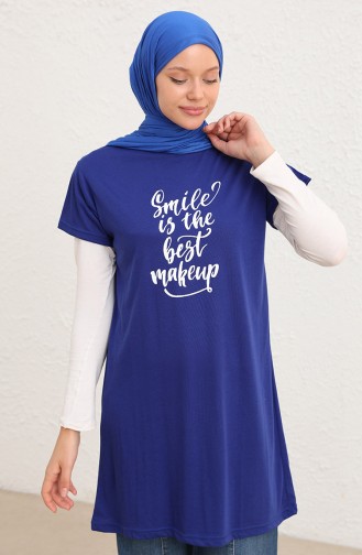 Baskılı Uzun Tshirt 8139-10 Saks