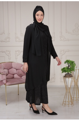 Sim Kumaş Ve Taş İşlemeli Abiye Elbise + Tasarım Şal Hediyeli 3161-01 Siyah