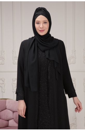 Sim Kumaş Ve Taş İşlemeli Abiye Elbise + Tasarım Şal Hediyeli 3161-01 Siyah