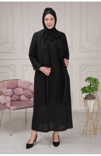 Sim Kumaş Ve Taş İşlemeli Abiye Elbise + Tasarım Şal Hediyeli 3161-01 Siyah