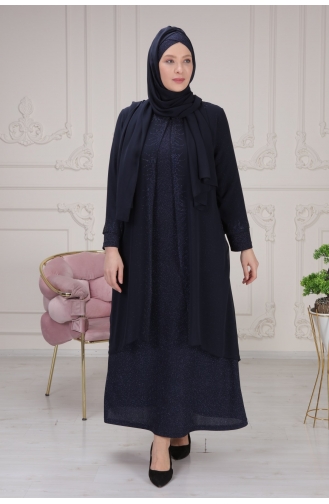 Navy Blue İslamitische Avondjurk 3161-02