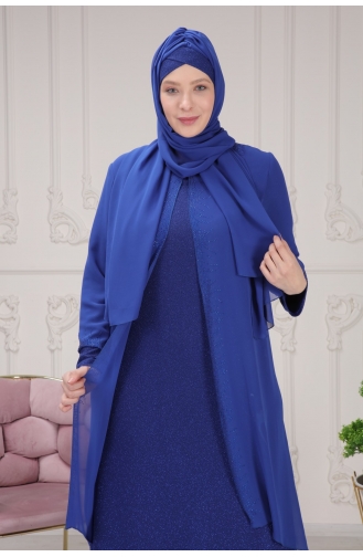 Sim Kumaş Ve Taş İşlemeli Abiye Elbise + Tasarım Şal Hediyeli 3161-03 Saks Mavi