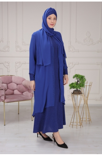 Sim Kumaş Ve Taş İşlemeli Abiye Elbise + Tasarım Şal Hediyeli 3161-03 Saks Mavi