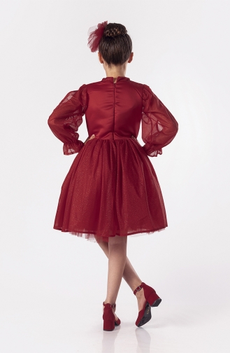 Parlak Kumaşlı Kız Çocuk Abiye Elbise - Tokalı PMDSMT-05 Kırmızı