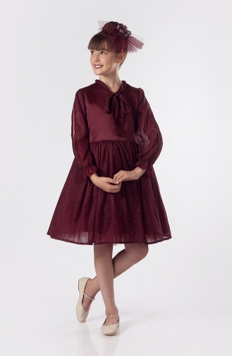Parlak Kumaşlı Kız Çocuk Abiye Elbise - Tokalı PMDSMT-06 Bordo