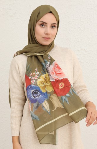 Floral Desen Pamuklu Şal 95379-05 Kına Yeşili