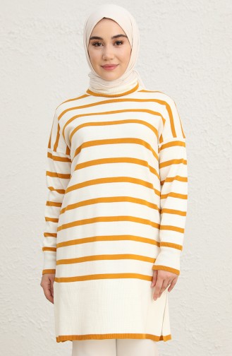 Triko Çizgili Balıkçı Yaka Tunik 22151-03 Hardal
