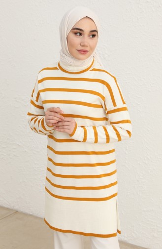 Triko Çizgili Balıkçı Yaka Tunik 22151-03 Hardal
