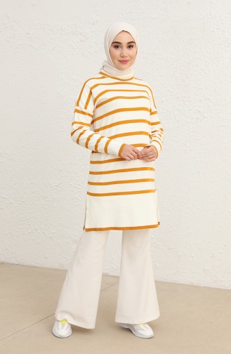 Triko Çizgili Balıkçı Yaka Tunik 22151-03 Hardal