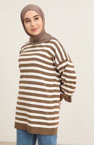 Triko Çizgili Tunik 22152-01 Kahverengi Beyaz