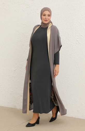 Büyük Beden Elbise Abaya İkili Takım 8104-03 Gri Kiremit