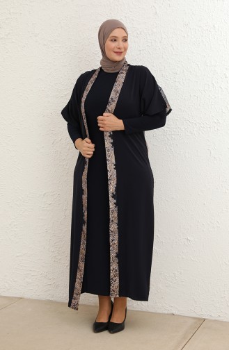 Büyük Beden Elbise Abaya İkili Takım 8103-02 Lacivert