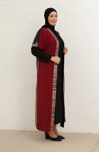 بدلة ثنائية فستان عباية مقاس كبير 8103-03  أحمر غامق 8103-03