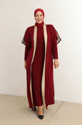 Büyük Beden Elbise Abaya İkili Takım 8105-03 Bordo