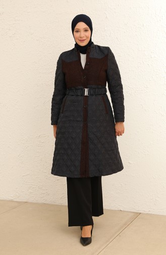 Garni Detaylı Kemerli Kapitone Kaban 9519-01 Lacivert Bordo