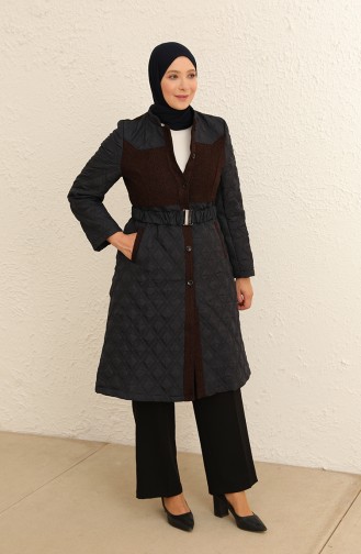 Garni Detaylı Kemerli Kapitone Kaban 9519-01 Lacivert Bordo