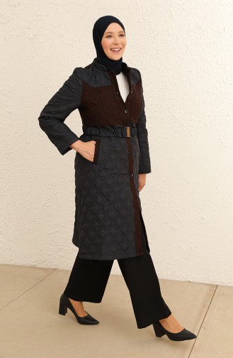 Garni Detaylı Kemerli Kapitone Kaban 9519-01 Lacivert Bordo